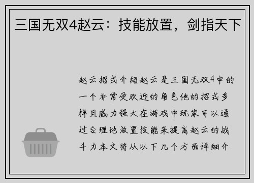 三国无双4赵云：技能放置，剑指天下